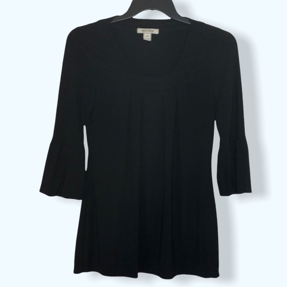 White House Black Market Black Blouse Top with Juliet Trumpet Sleeves Sz Sm - Picture 2 of 7